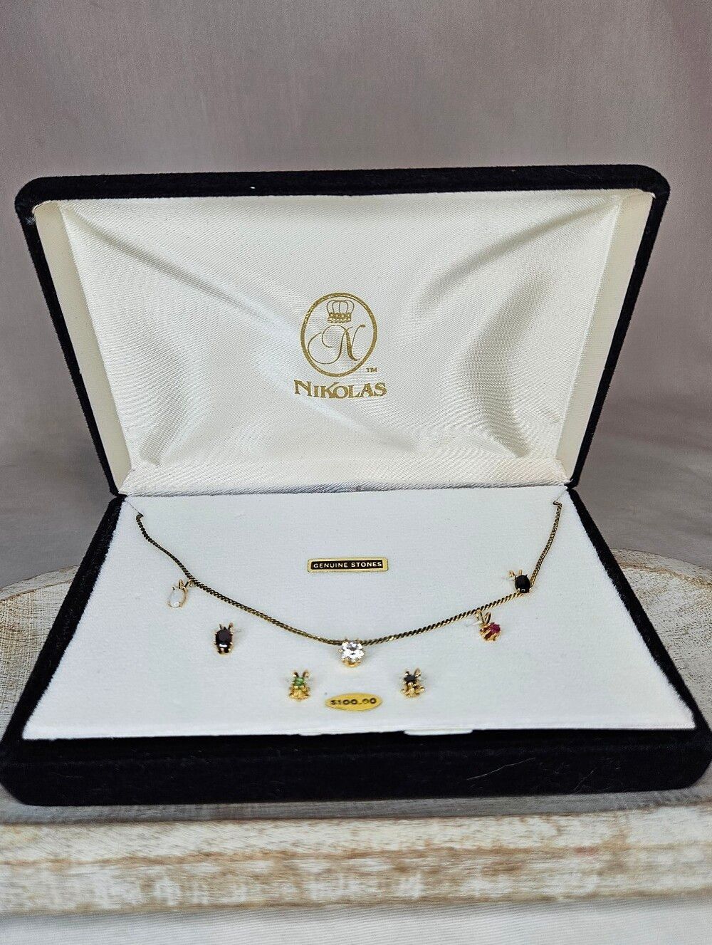 Vintage House of Nikolas Genuine Gemstone Charm Necklace Gold Tone NIB NOS